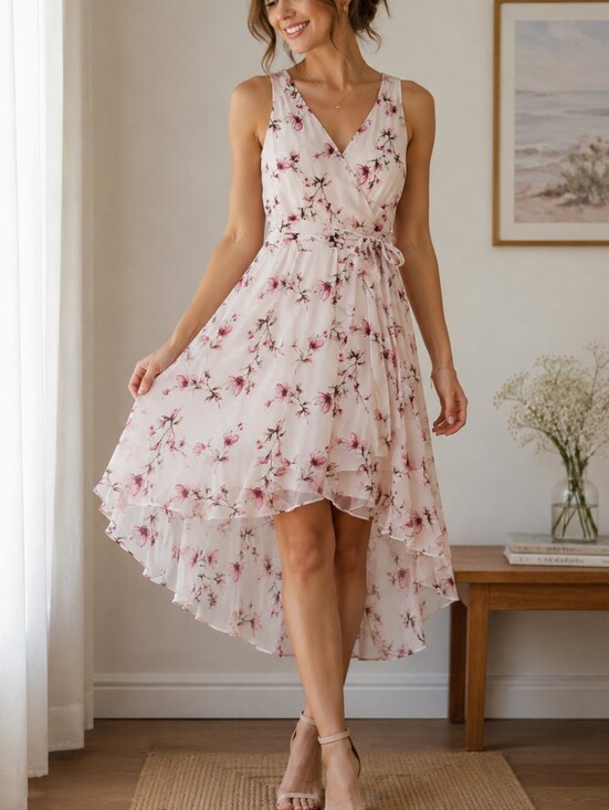 White House Black Market Dresses & Skirts - White House Black Market White Sleeveless High-Low Dress with Pink Floral Print